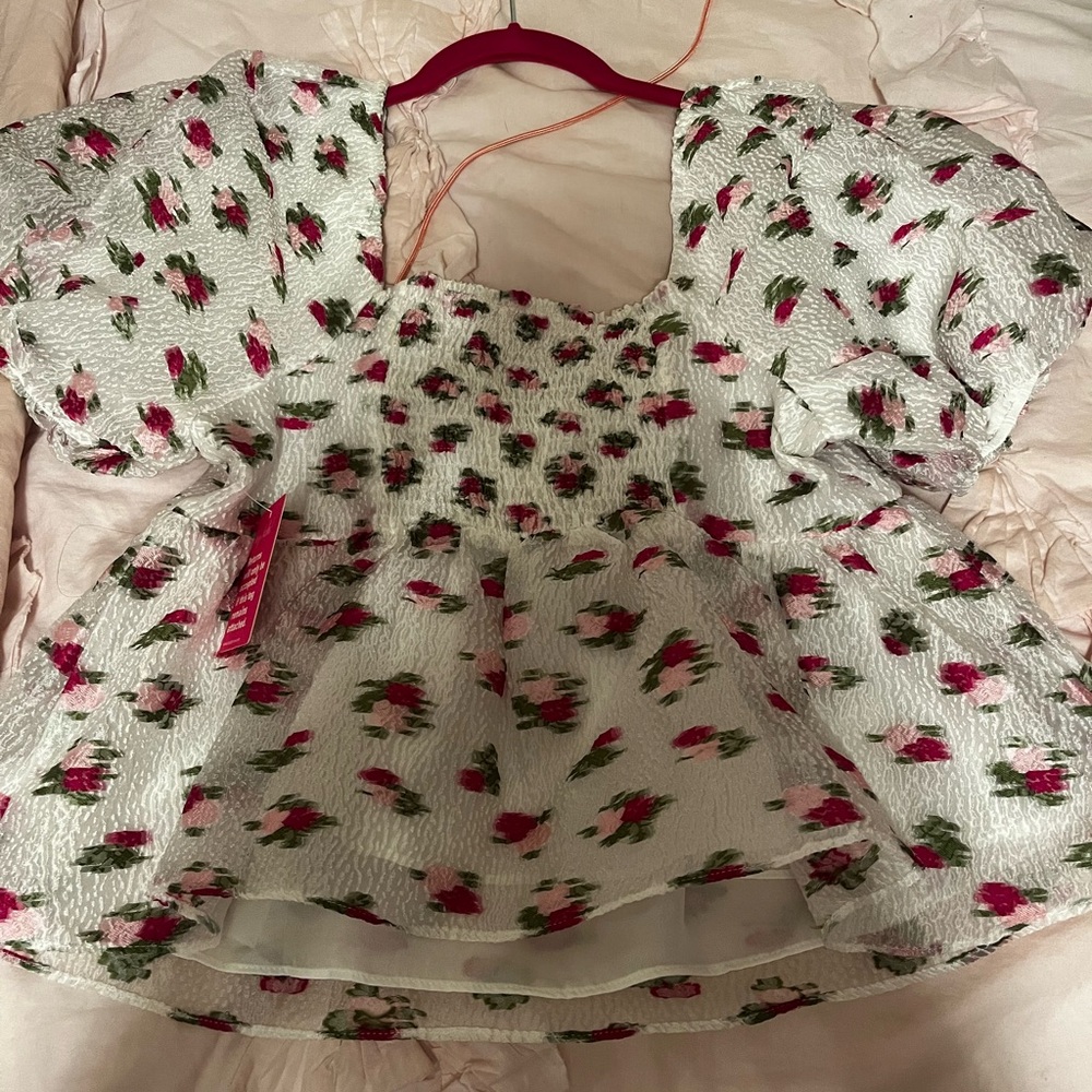 Buddy Love Red and Green Smocked Puff Sleeve Blouse